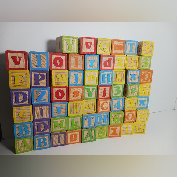 Playskool 2013 Hasbro Wooden Letter Number Blocks over 1.5” square 60 Total Used - Picture 1 of 10
